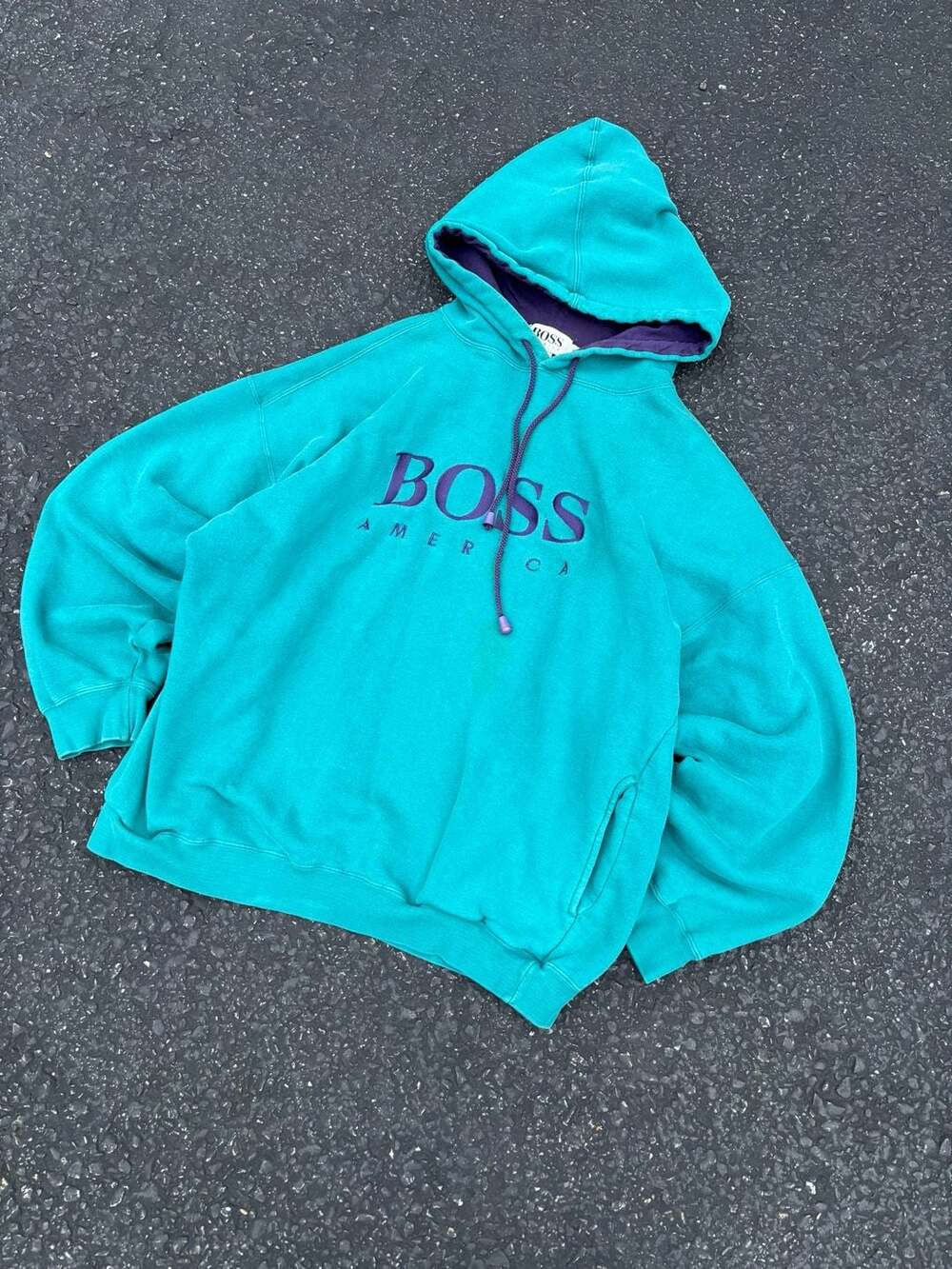 Vintage 90s Boss America Teal and Purple Embroidered Spell Out Hoodie Size XL